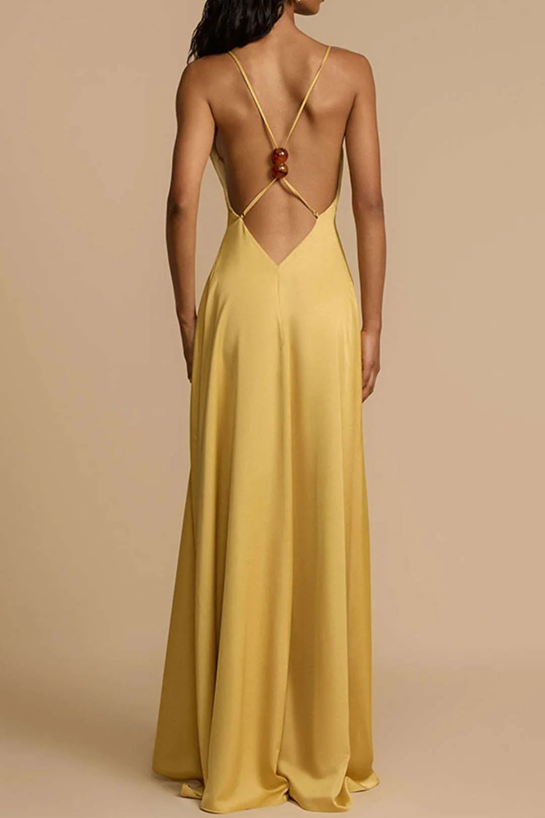 Satin Backless V-Neck Beaded Sleeveless Maxi Dress