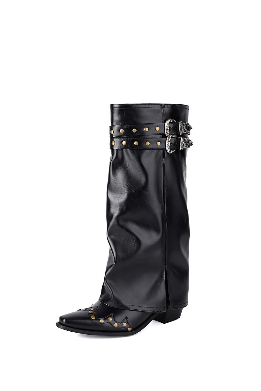 Faux Leather Studded Pointed-Toe Mid-Calf Boots