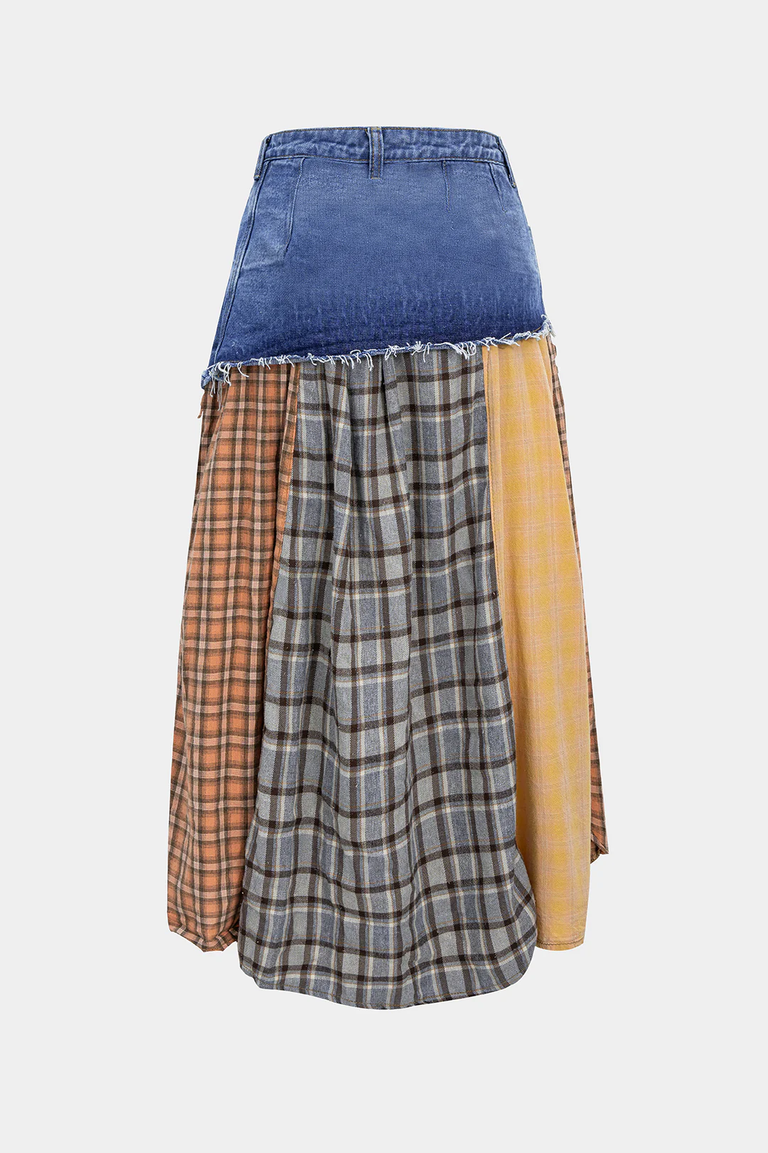 Color Block Plaid Print Denim Patchwork Asymmetrical Skirt