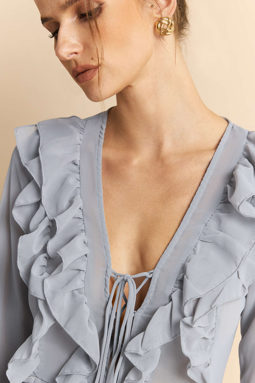 Chiffon Ruffle Tie-Up Bell Sleeve V-Neck Long Sleeve Mini Dress