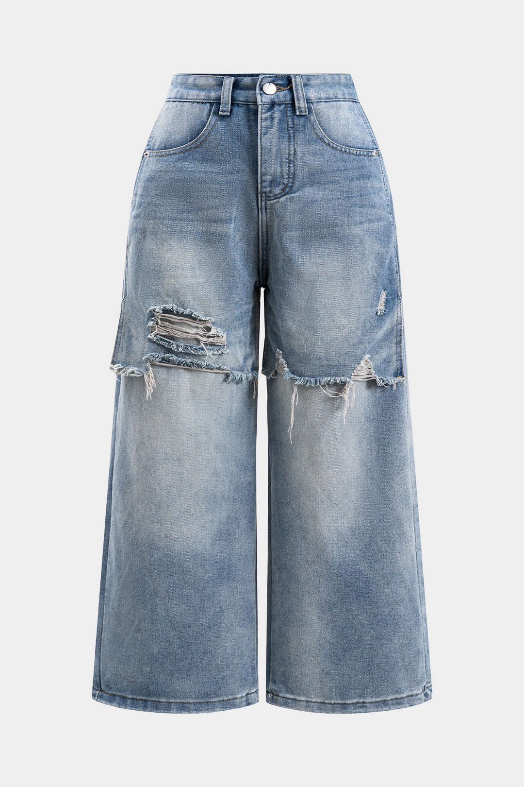 Plus Size Denim Ripped Frayed Patchwork Straight Leg Jeans