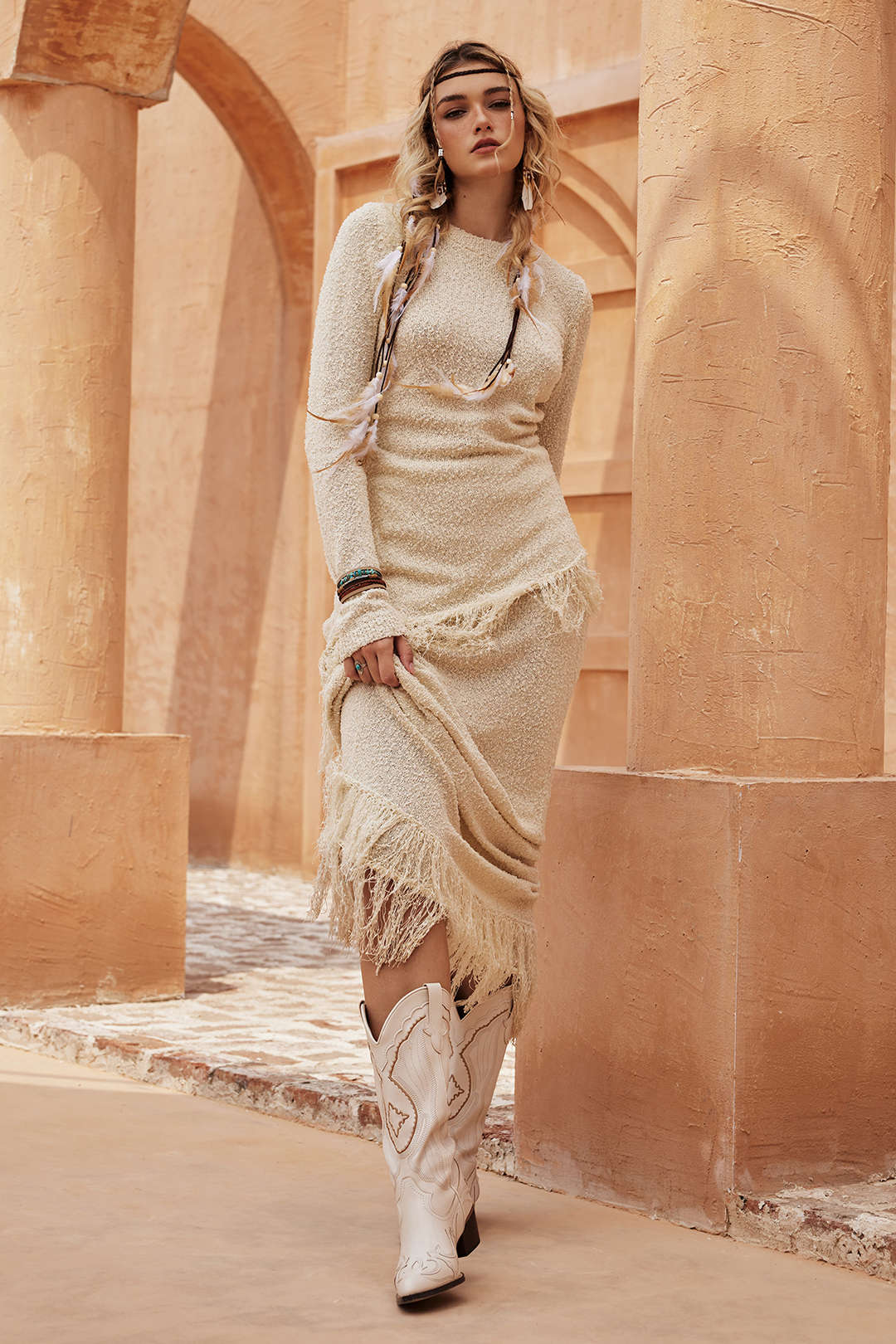 Solid Sweater Fringe Long Skirt