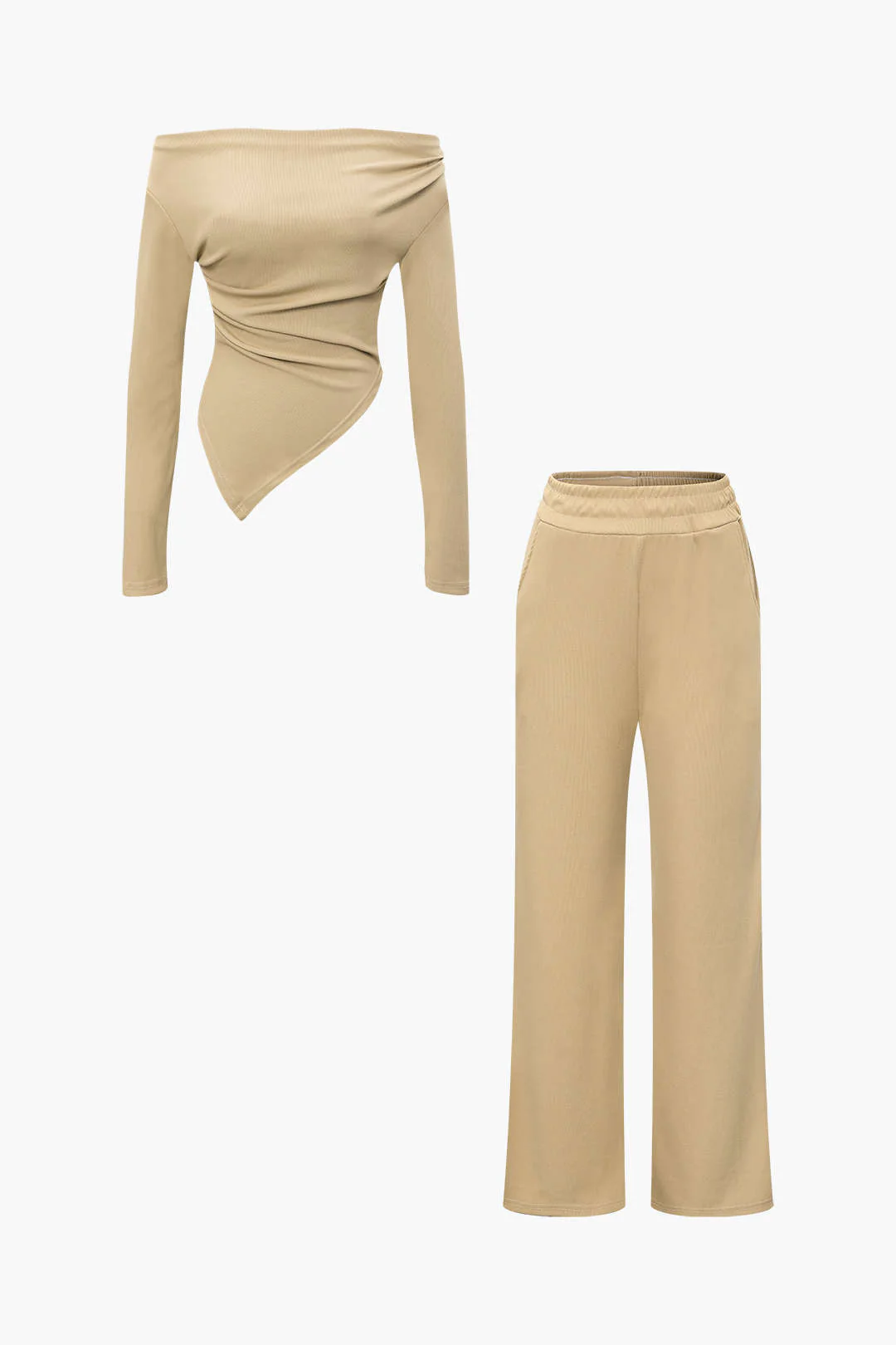 Off-the-Shoulder Ruched Asymmetric Top and Straight-Leg Pants Set