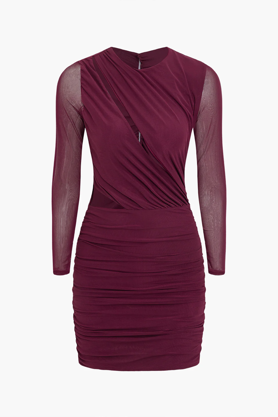 Mesh Cut-Out Ruched Long-Sleeve Mini Dress