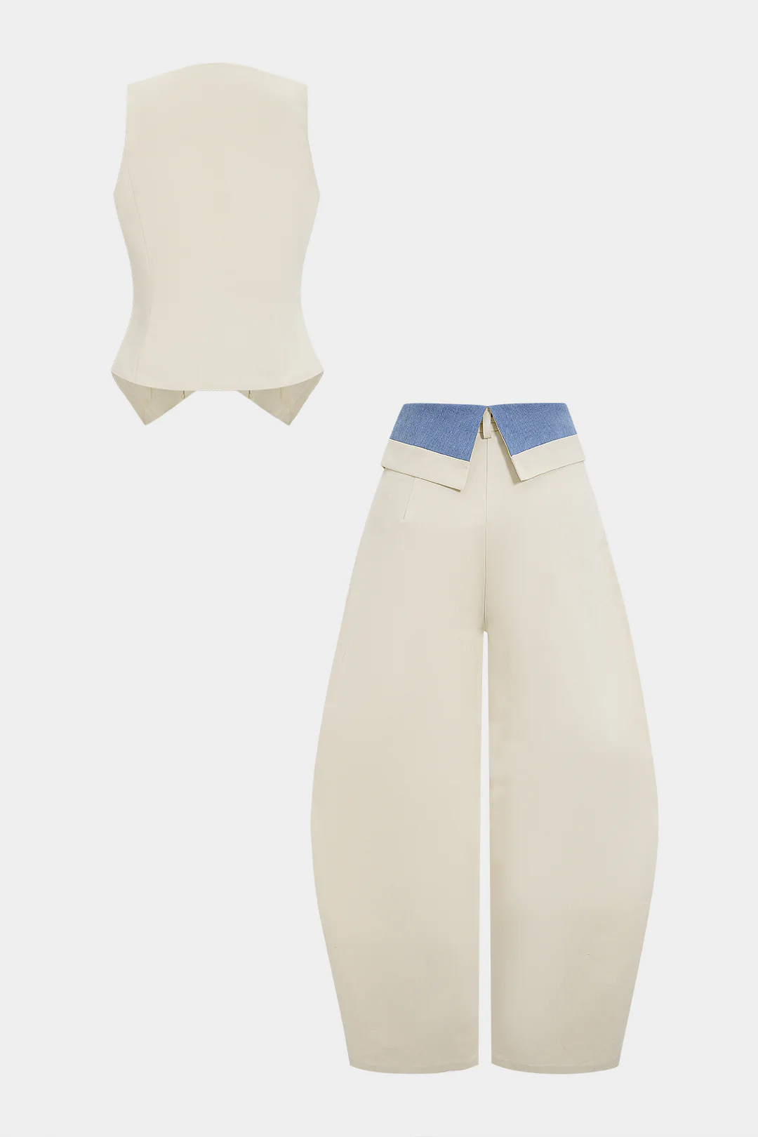 Denim Button Vest And Contrast Drawstring Barrel Trousers Set