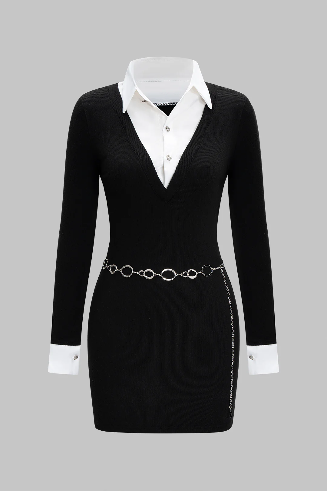 Patchwork Contrast Metallic Belted Long Sleeve Mini Dress