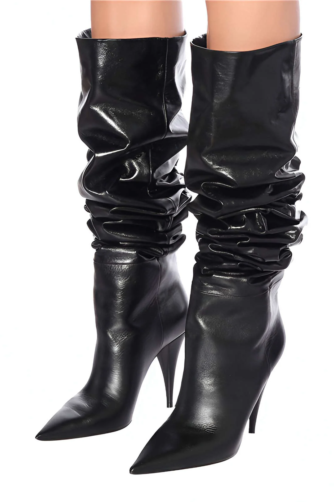 Ruched Faux Leather Pointed Toe Knee-High Boots