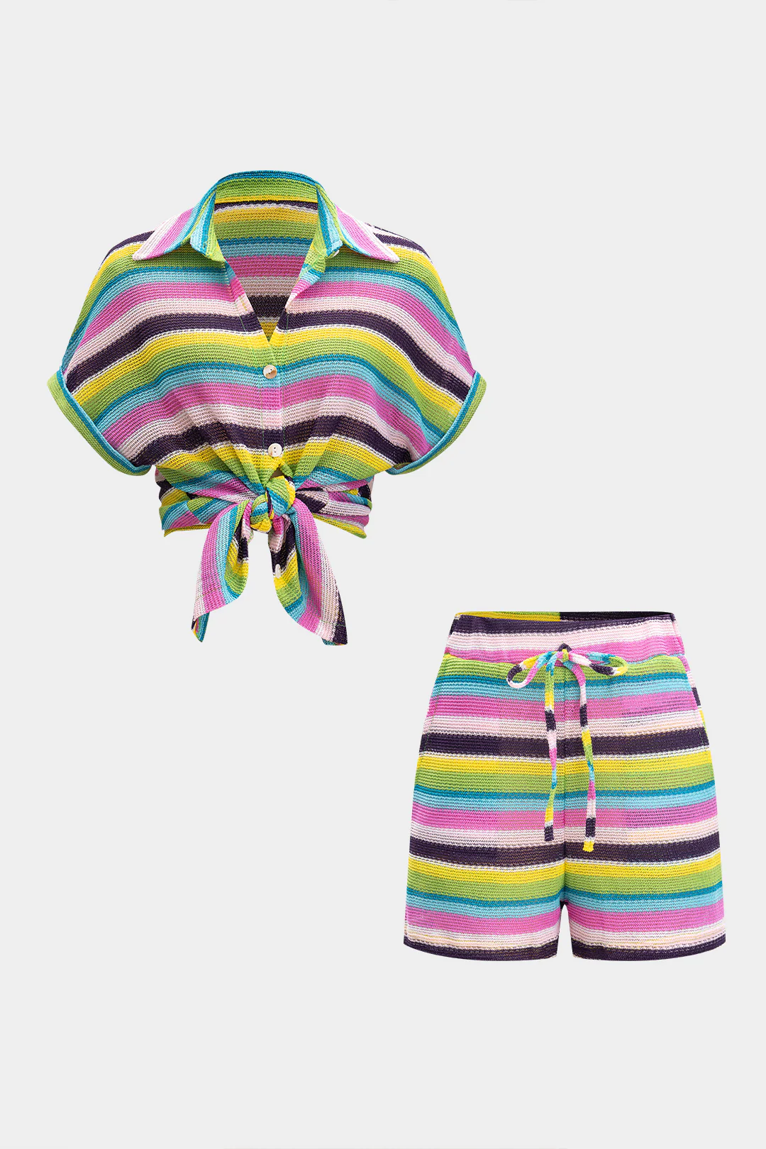 Knit Contrast V-Neck Top and Drawstring Shorts Combo