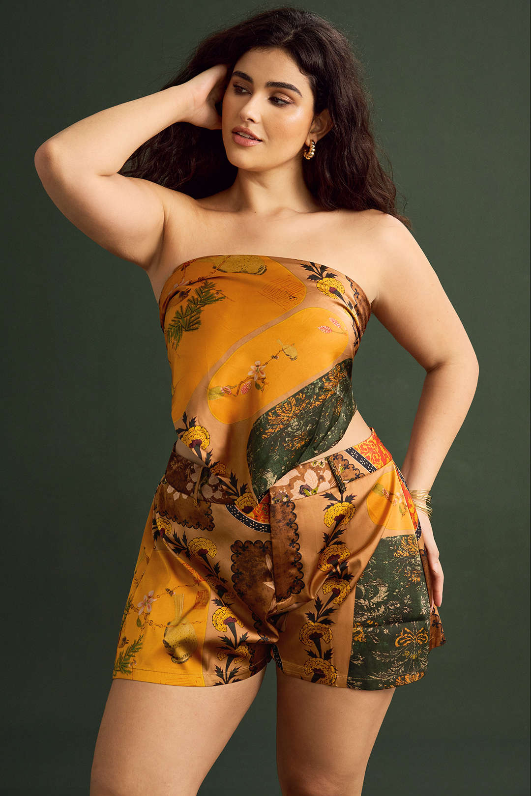 Plus Size Vintage Print Satin Tie Front Tube Top