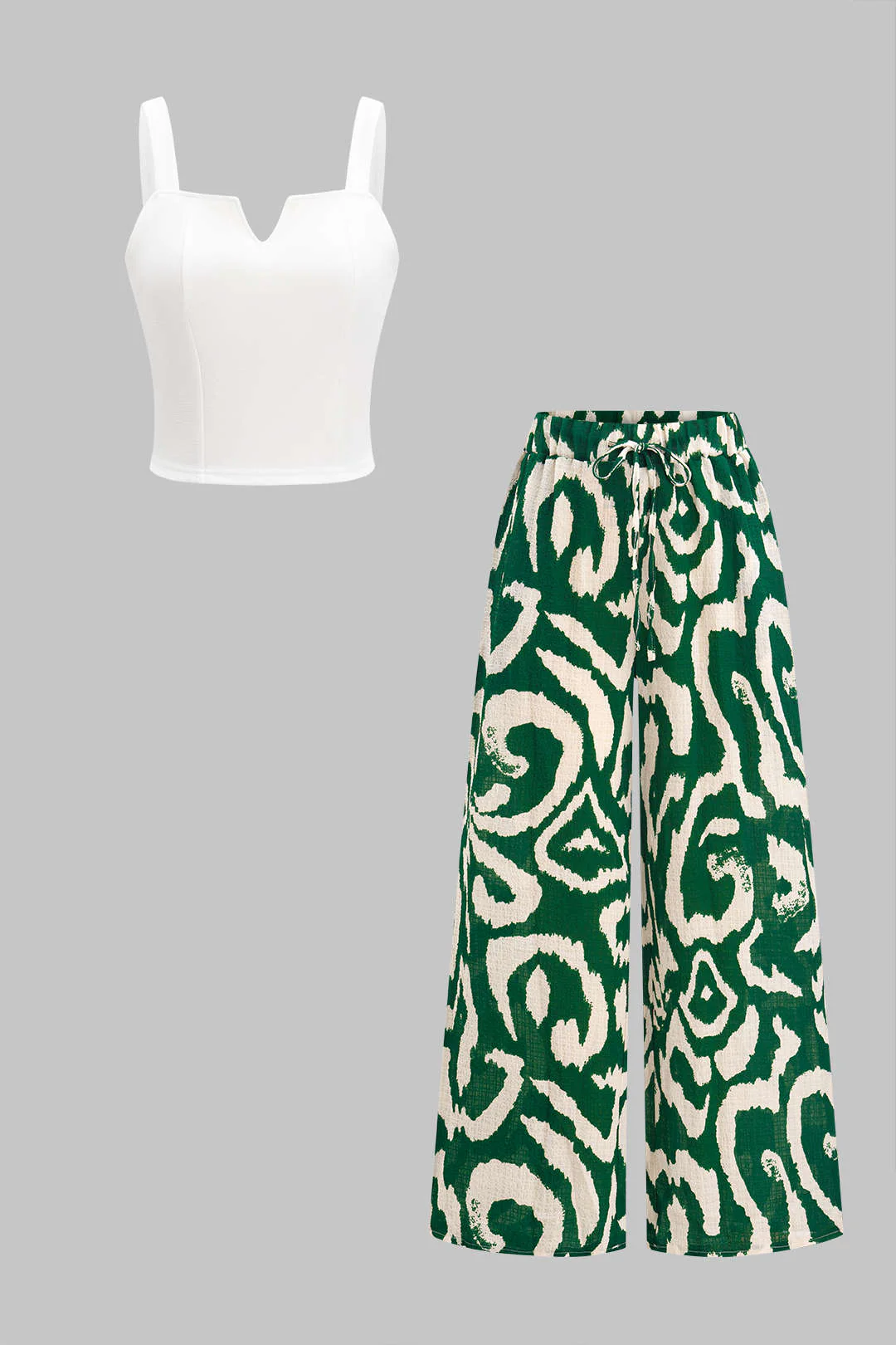 Sleeveless Tank Top and Tropical Pattern Contrast Wide Leg Trousers Set