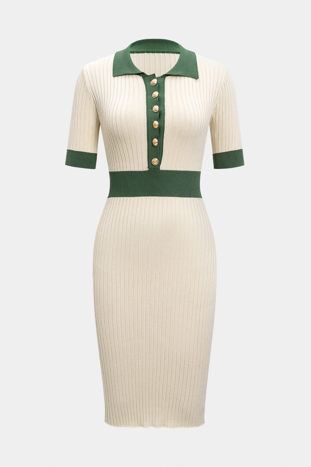 Knit Contrast Metallic Button Short Sleeve Dress