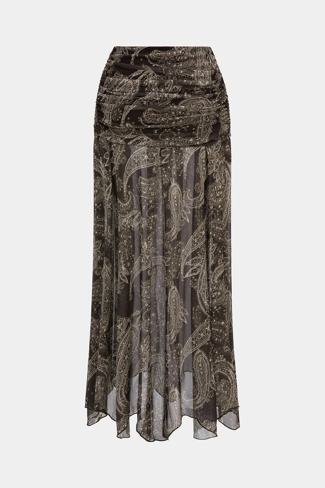 Retro Print Mesh Ruched High Waist Skirt