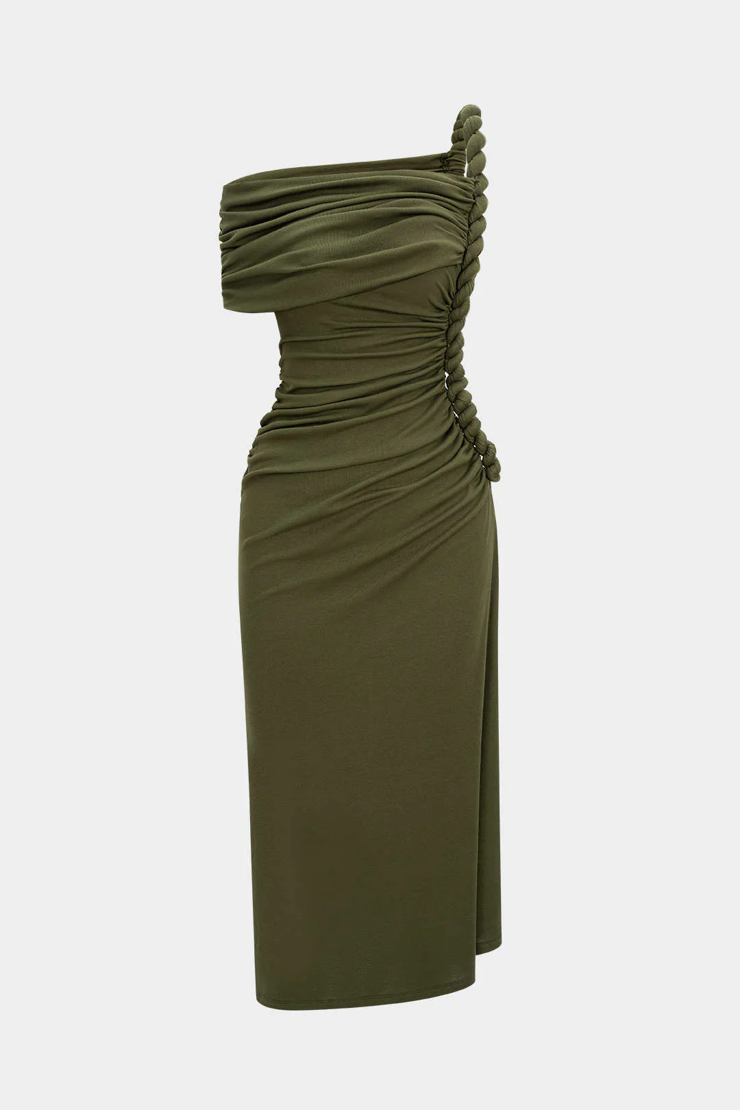 Asymmetrical Shoulder Ruched Twist Knot Sleeveless Long Dress