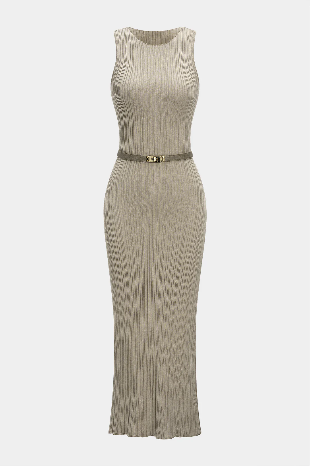 Knit Ribbed Belted High Slit Sleeveless Dress