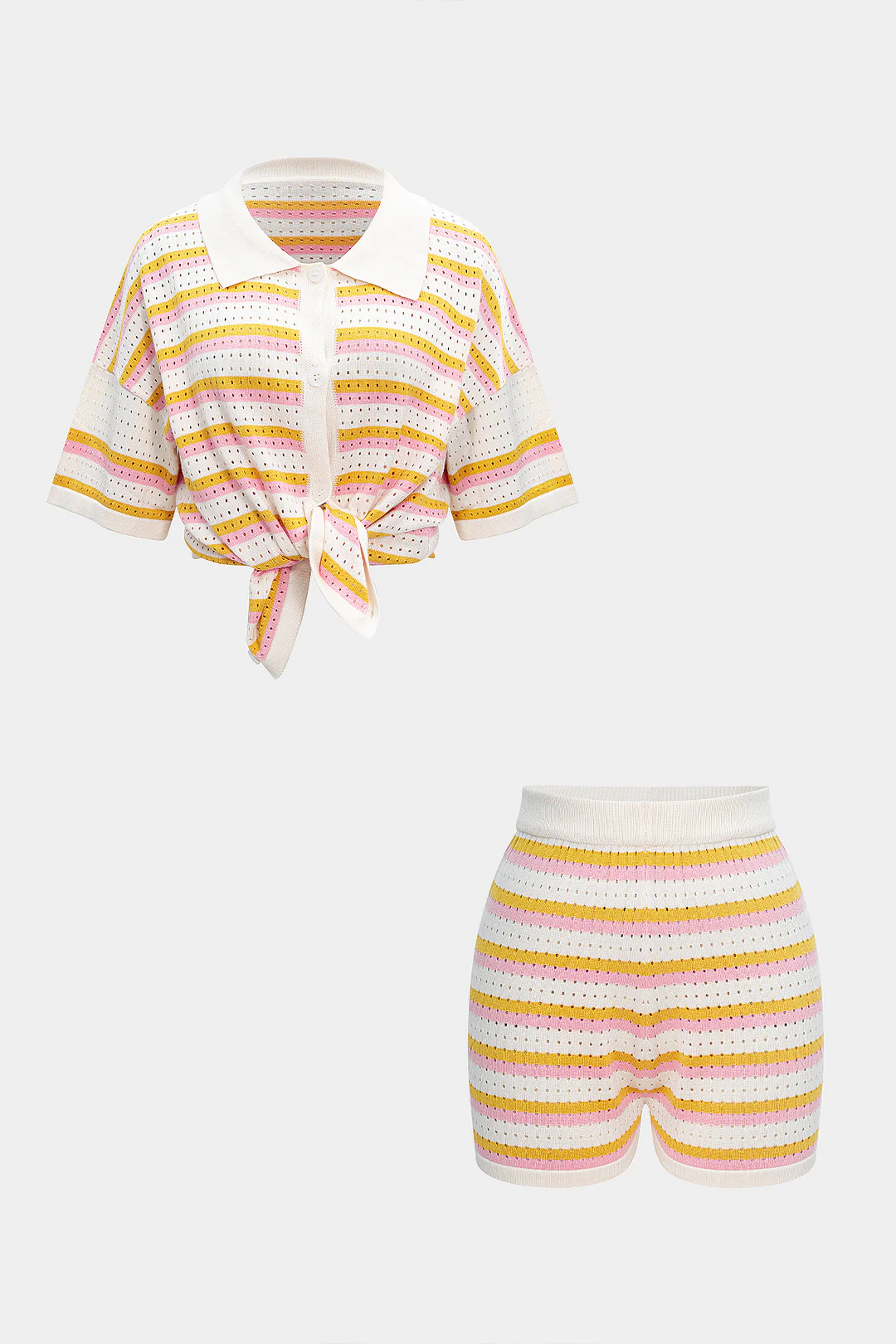 Knit Color Block Stripes Print Button Short-Sleeve Shirt And Shorts Set
