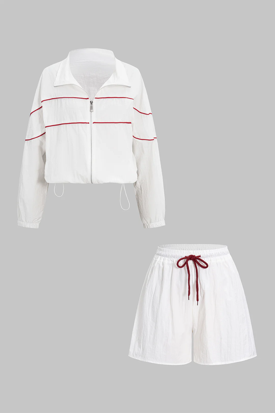 Contrast Binding Zipper Long-Sleeve Top And Tie-Up Wide Leg Shorts Set