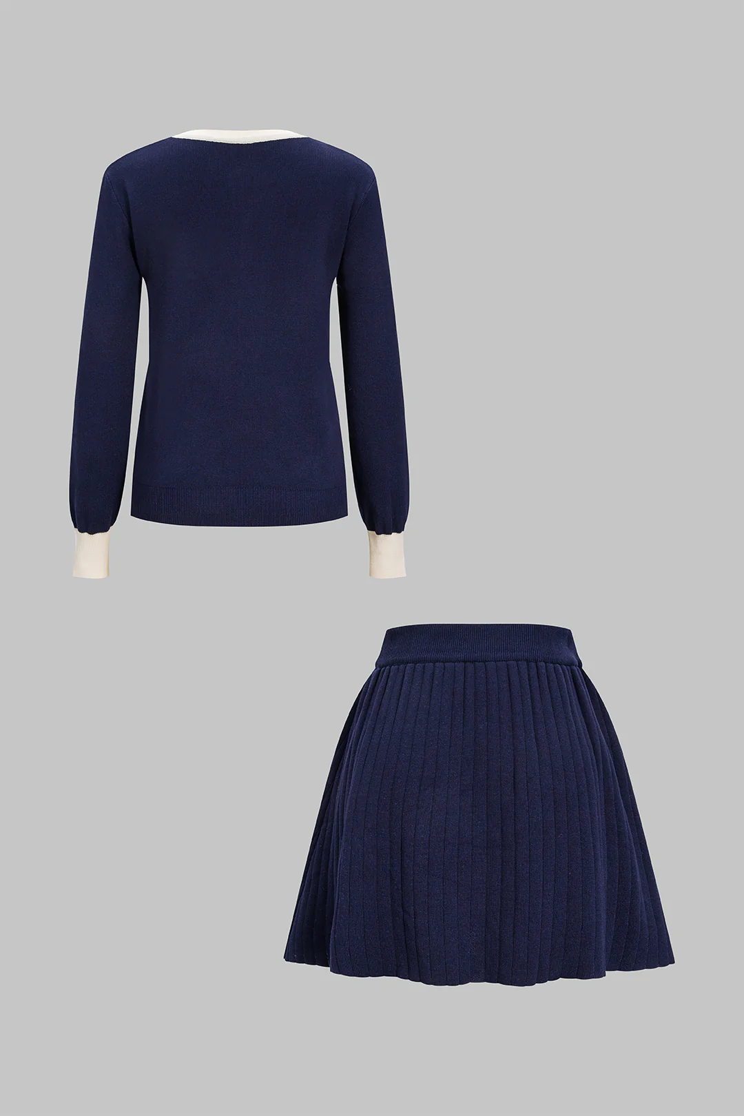 Contrasting Button Long-Sleeve Top and High-Waist Skirt Set