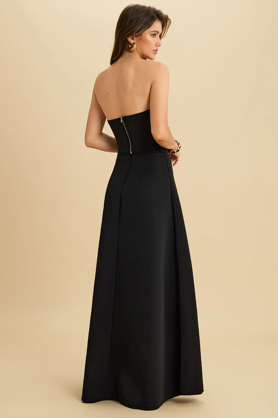 Asymmetrical Metallic Button Wrap Tube Top and High Waist Zipper Skirt Outfit Set