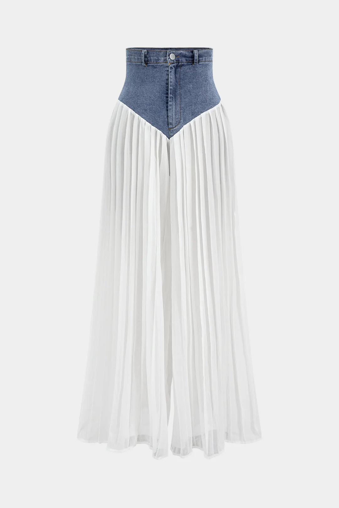 Dry Clean Denim Bustier Zipper Cami Top and Chiffon Pleated Patchwork Trousers Set
