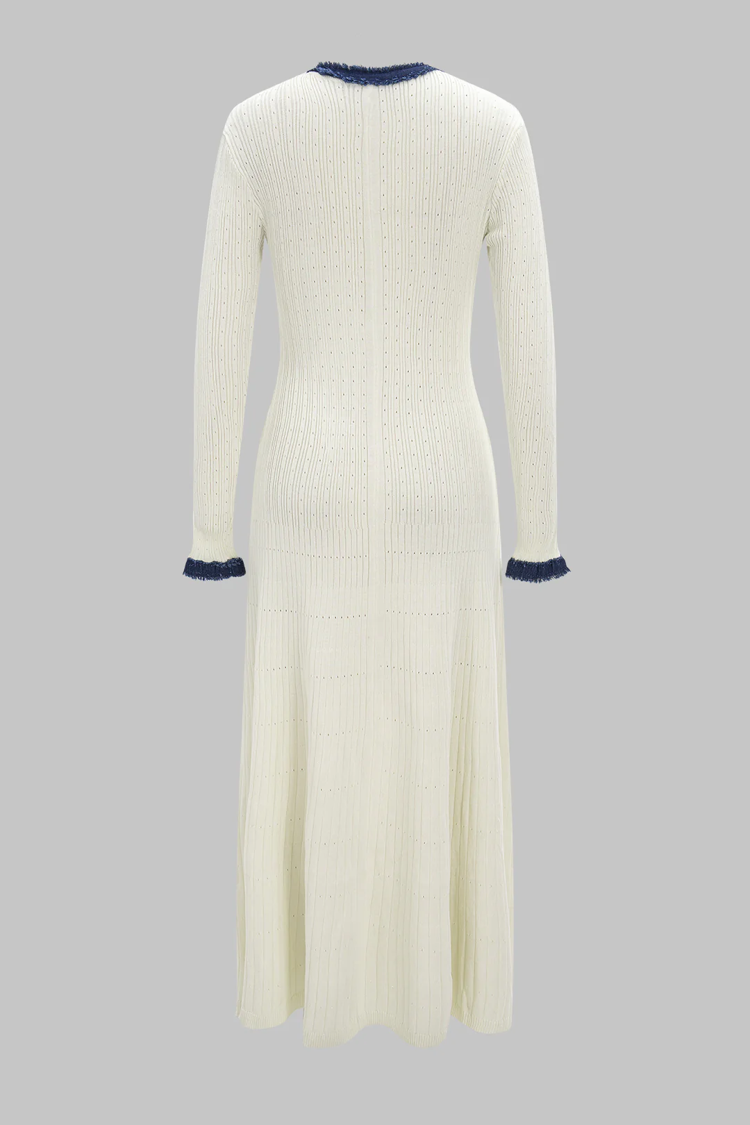 Knit Button Patchwork Denim Frayed Long Sleeve Dress