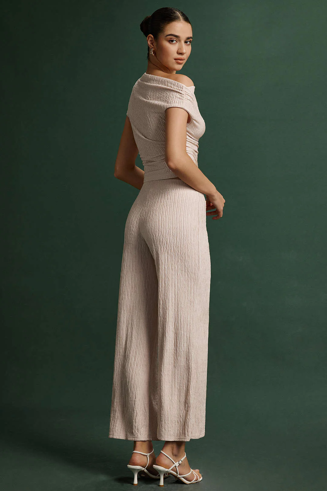 Ribbed Asymmetrical Neck Ruched Short-Sleeve Shirt And Trousers Set