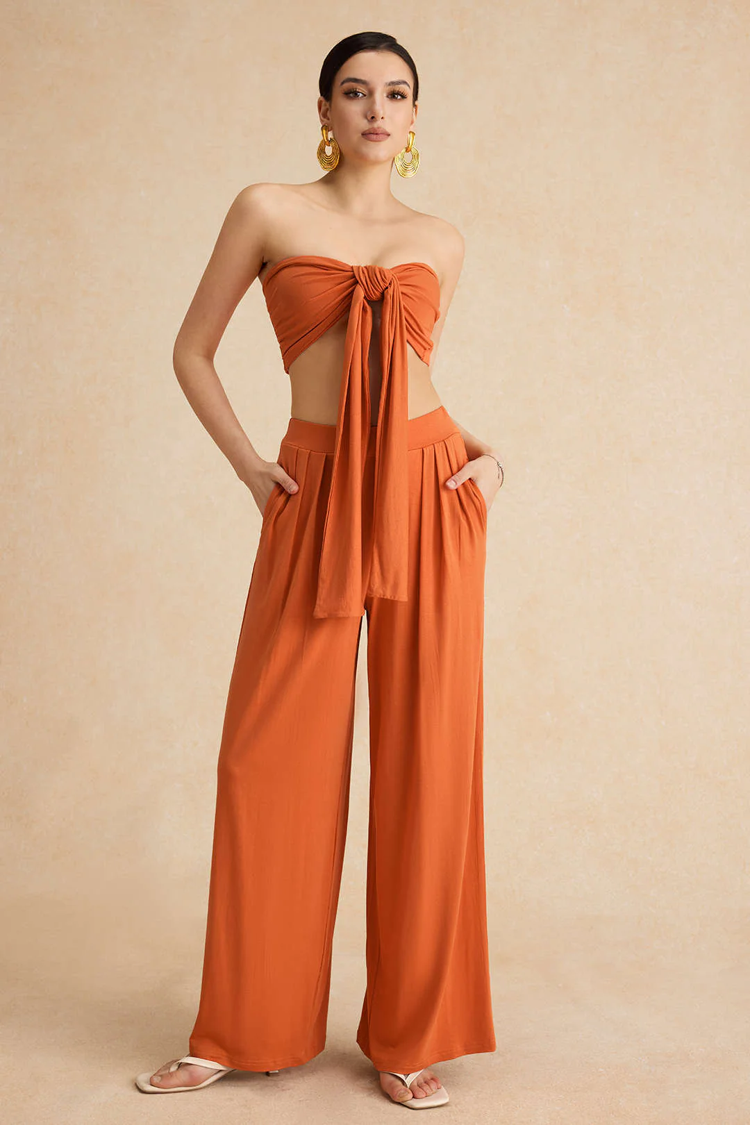 Tie Knot Front Ruched Tube Top and Pleated Wide-Leg Pants Set