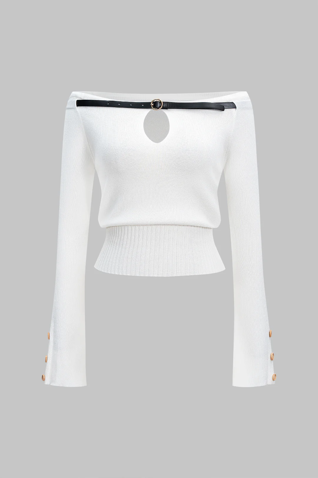 Belted Off Shoulder Cut Out Long-Sleeve Top