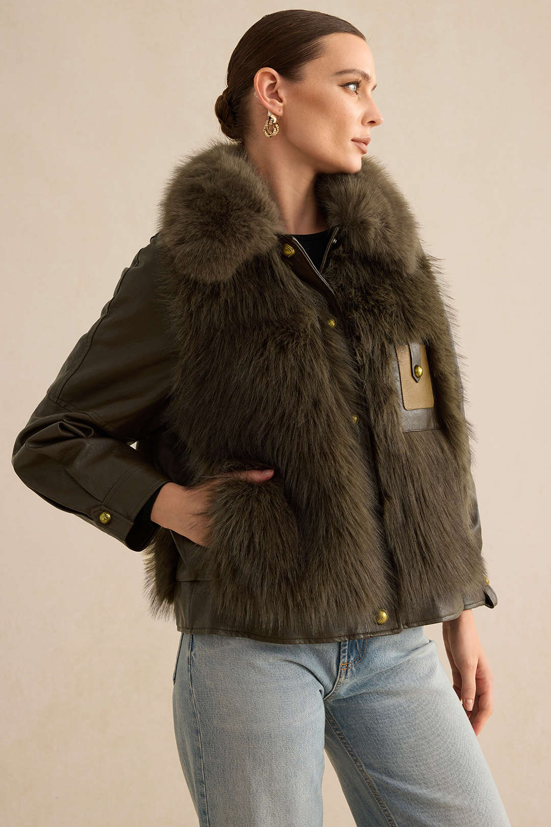 Faux Leather Fur Button Patchwork Coat