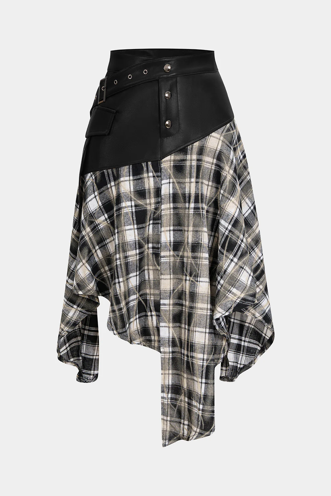 Plaid Print Faux Leather Patchwork Irregular Hem Skirt