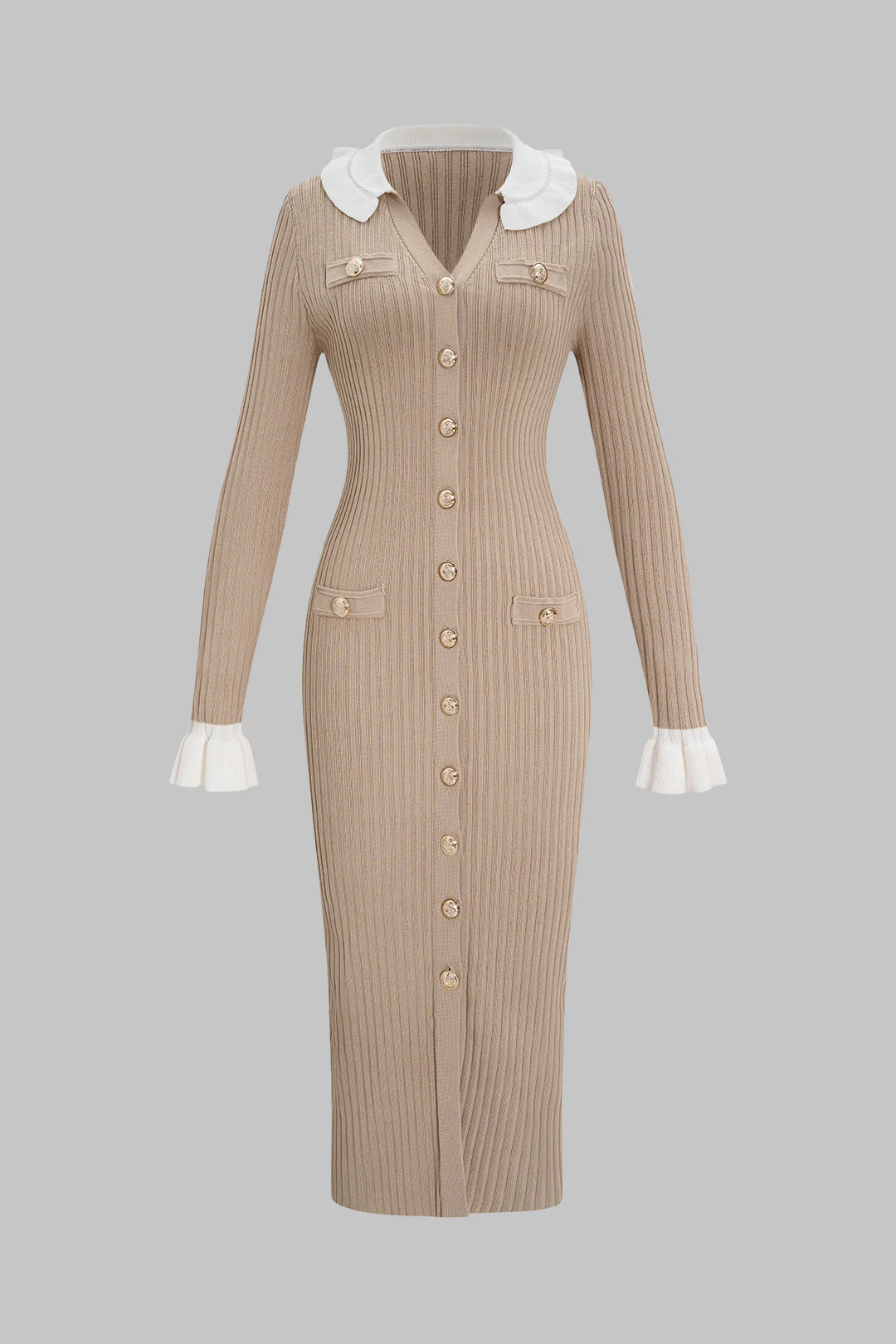 Knit Button V-Neck Ruched Long Sleeve Dress