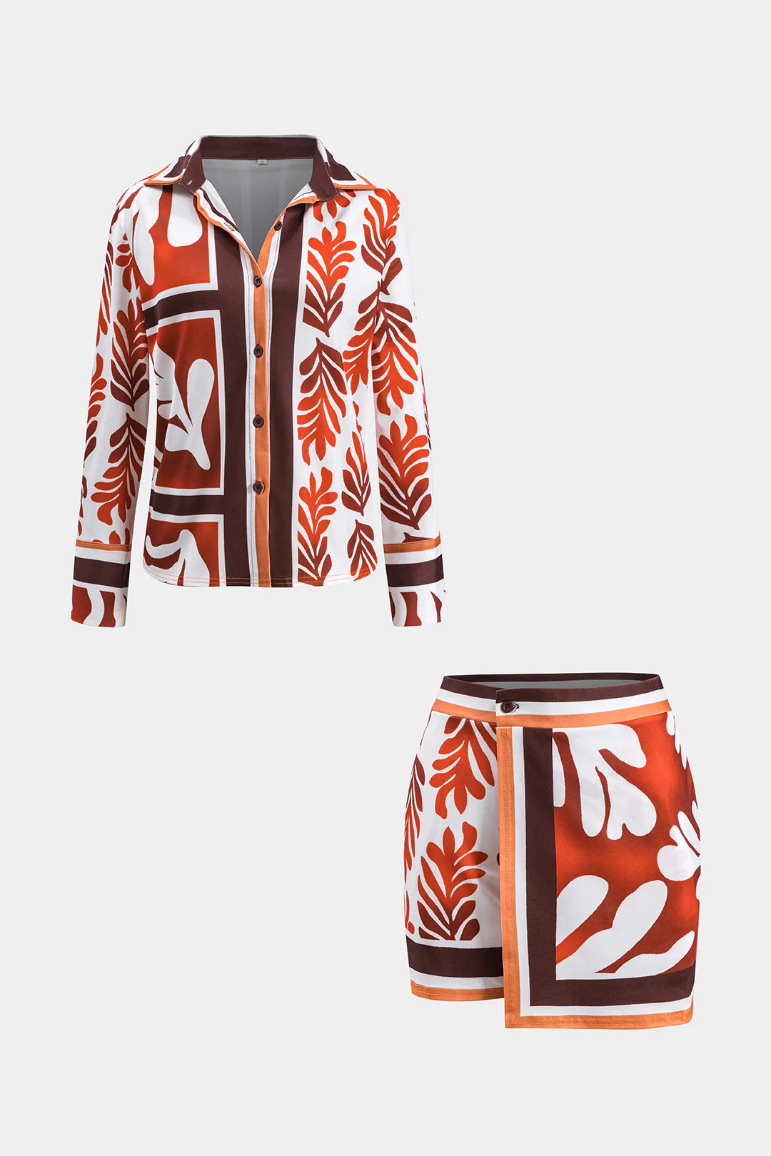 Leaf Print Satin Long Sleeve Shirt and Asymmetrical Mini Skirt Set