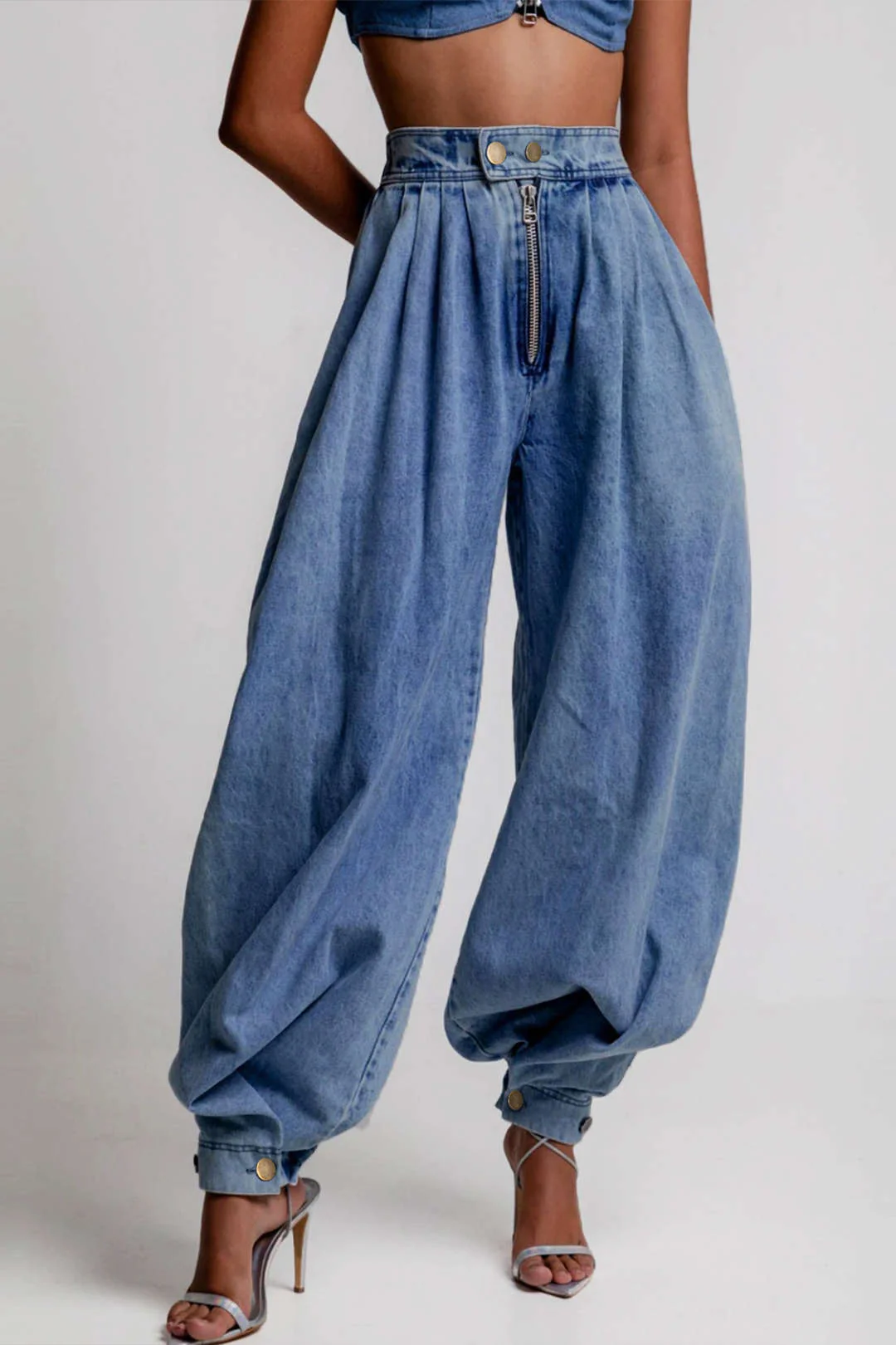Denim High Waist Zipper Barrel Balloon Jeans