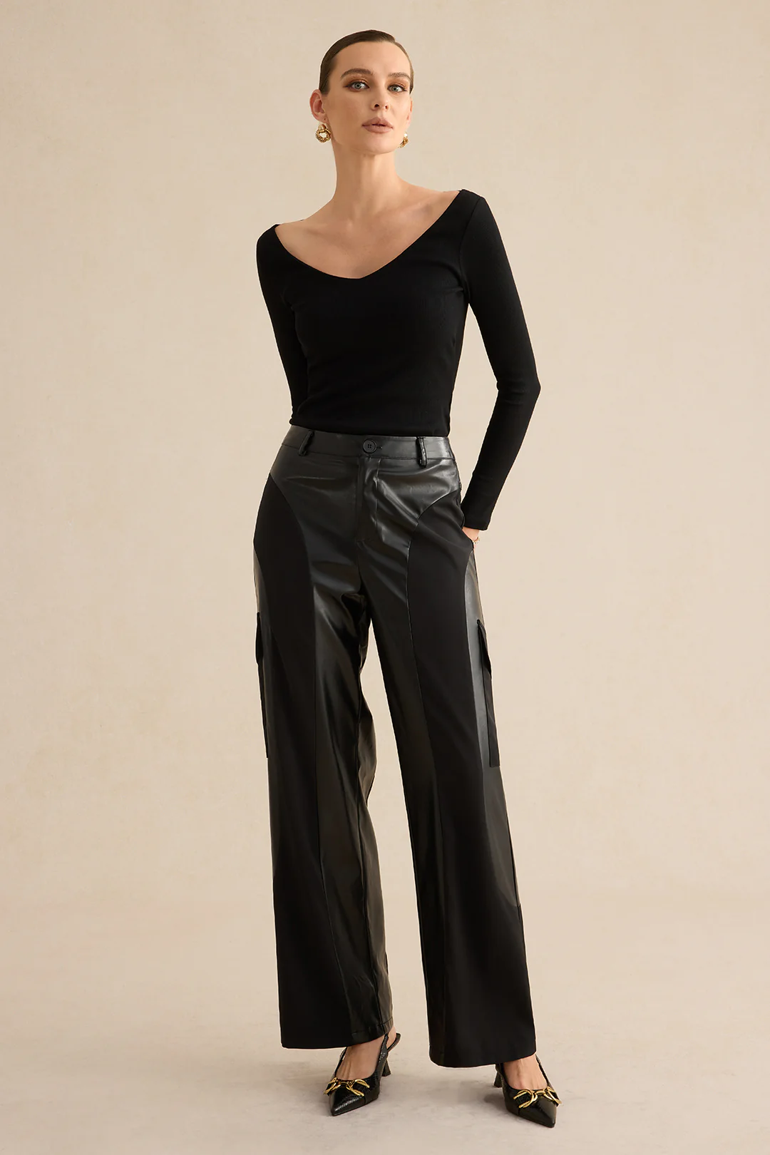 Artificial Leather Patchwork Trousers