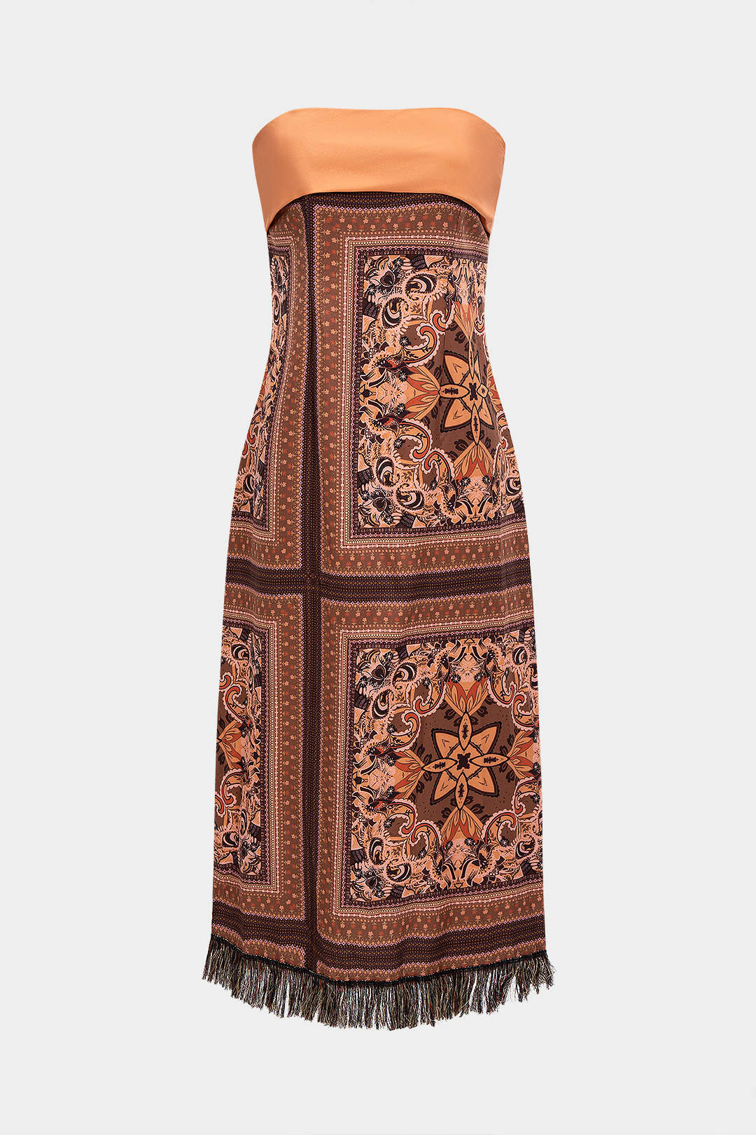 Bohemian Print Satin Fringe Trim Strapless Sleeveless Mid-length Dress