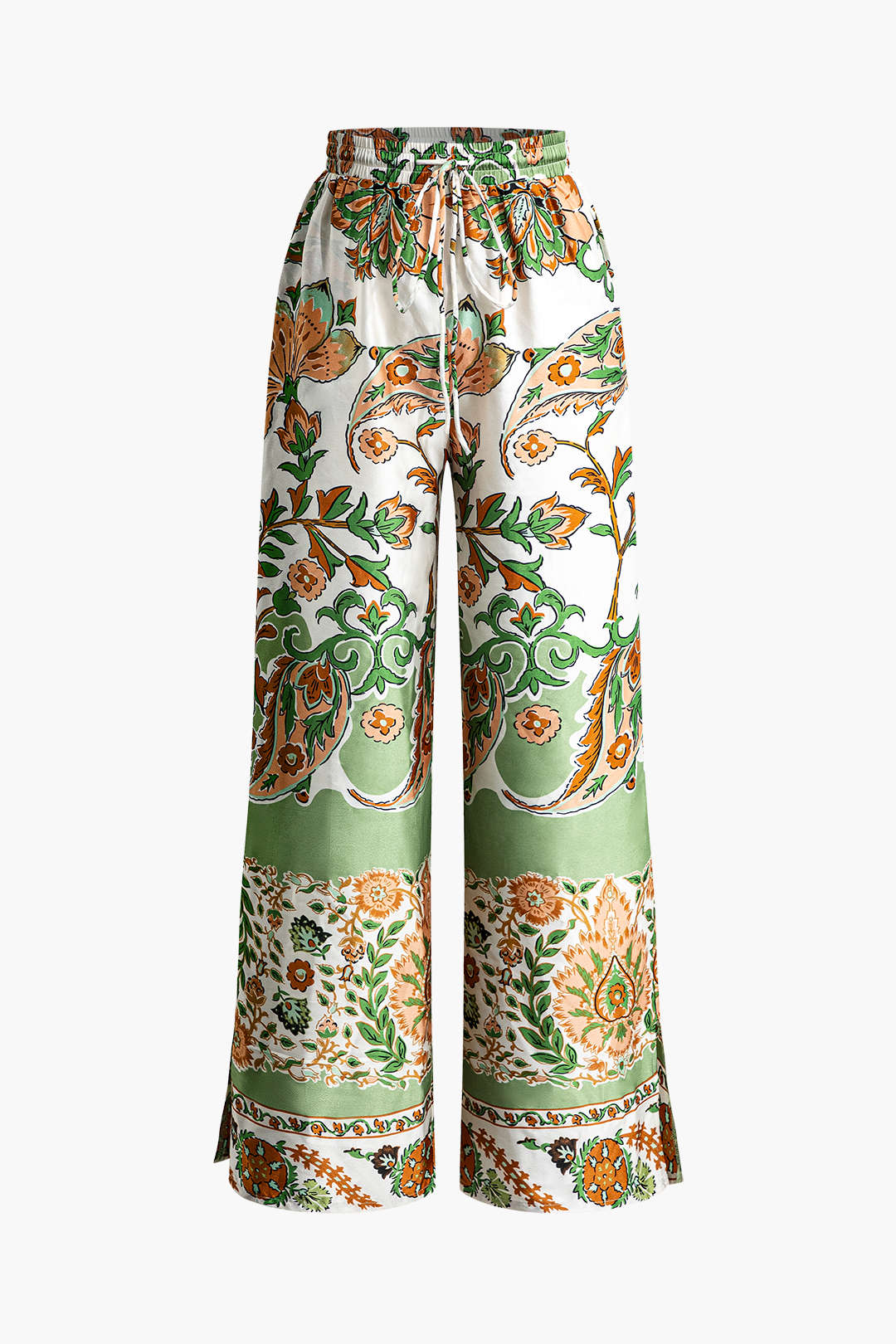 Floral Pattern Drawstring Split Wide-Leg Trousers