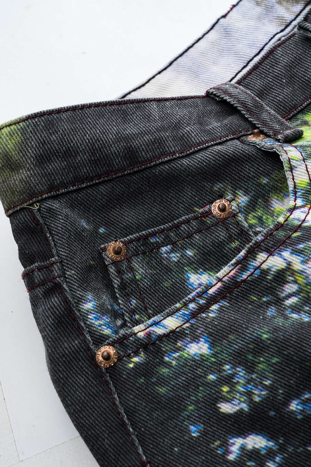 Waterfall Pattern Denim Button Pocket Wide Leg Jeans