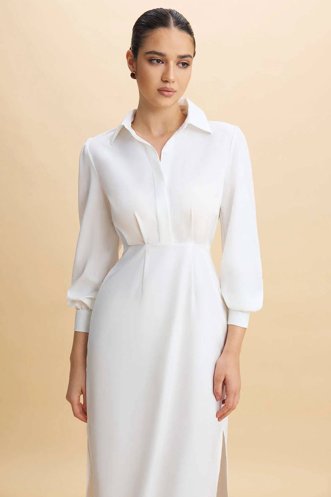 Solid Waist-Cinched Ruched Long-Sleeve Midi Dress