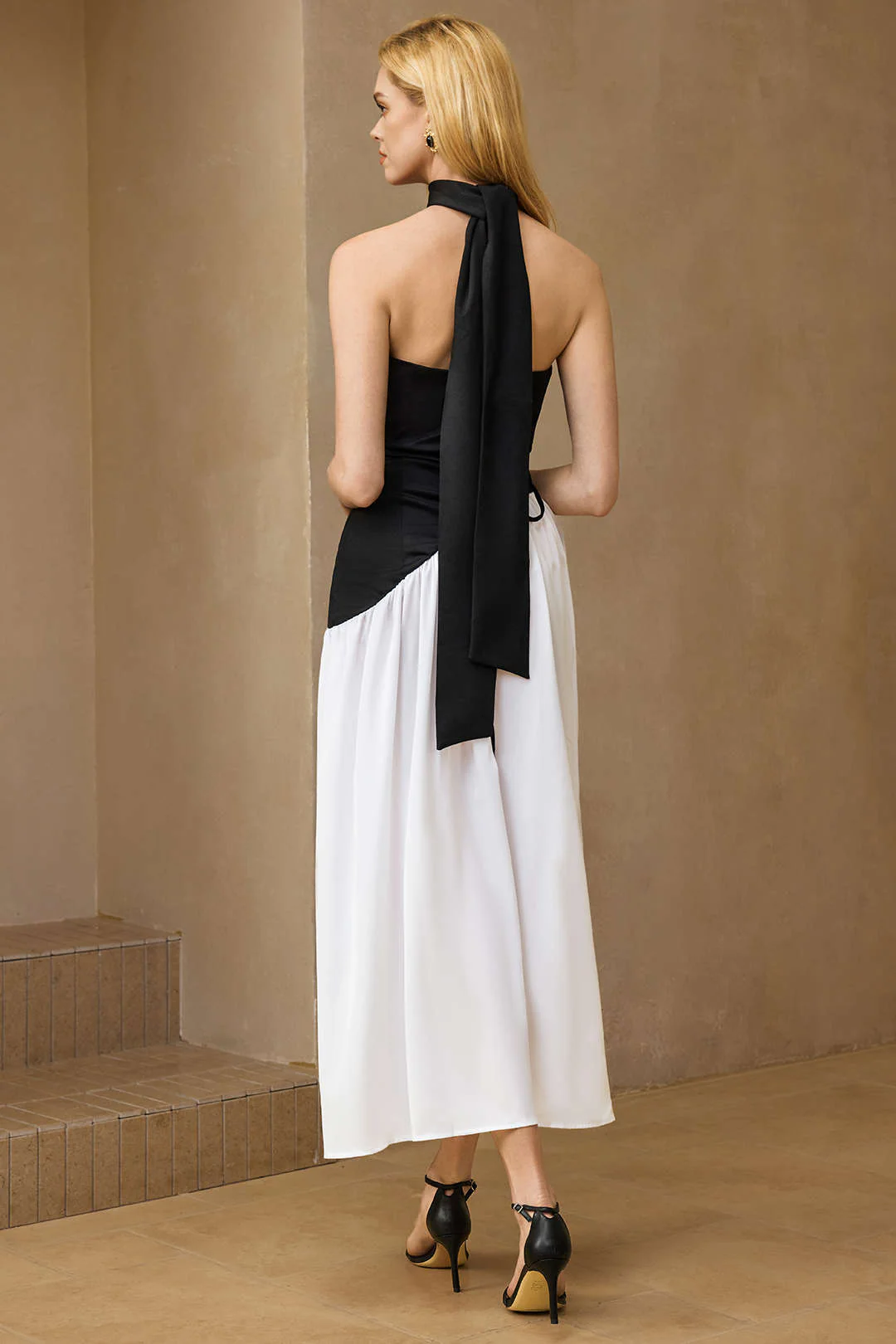 Contrast Satin Ruched Slit Strapless Maxi Dress