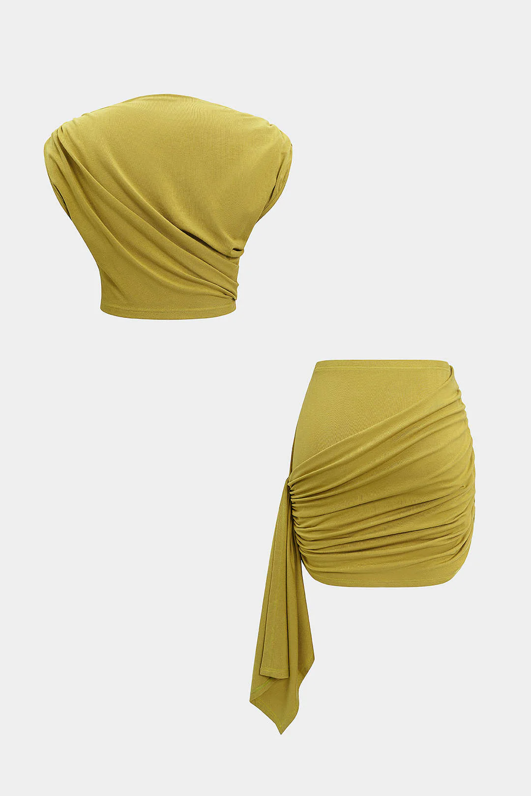 Solid Ruched Asymmetrical Top And Skirt Set