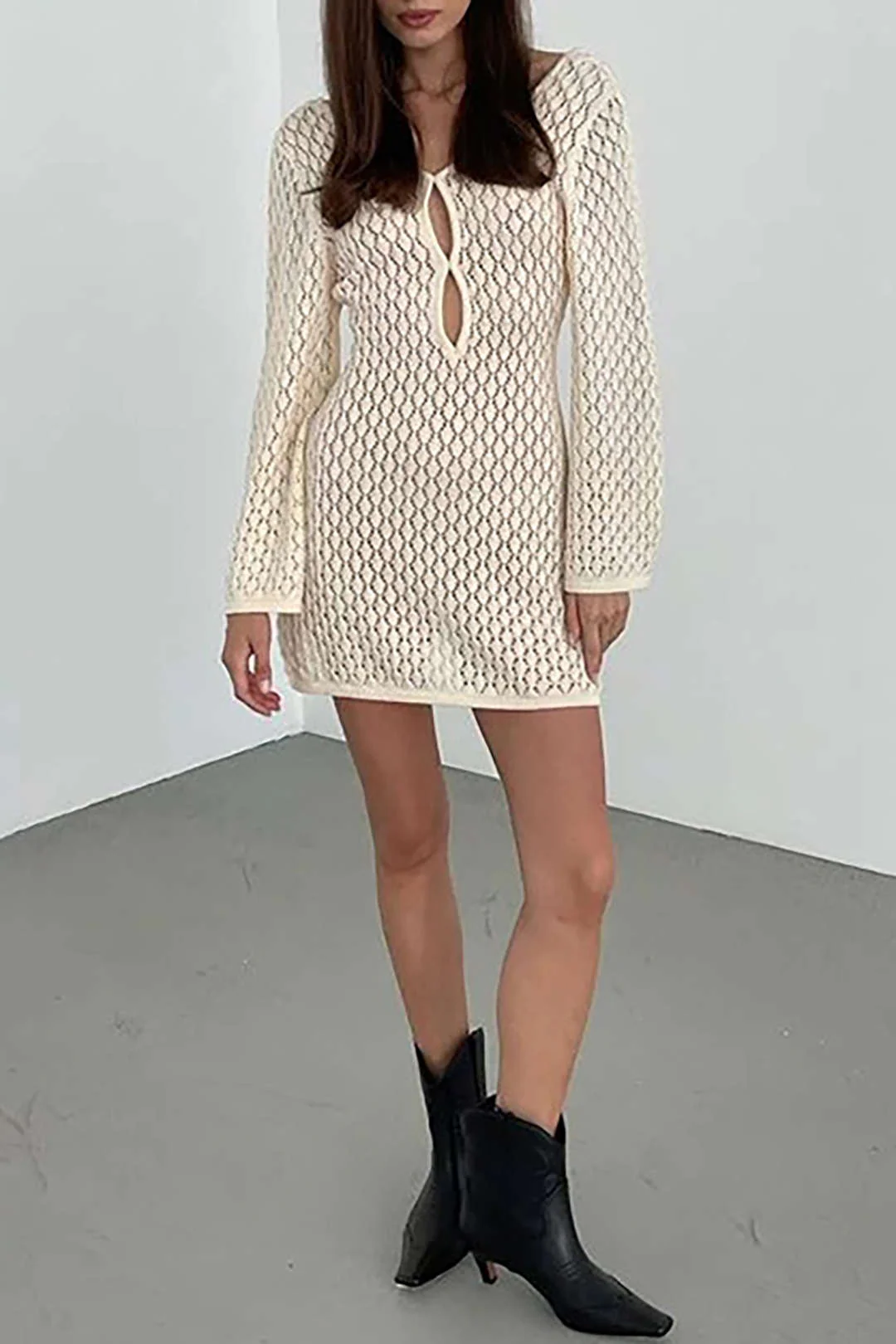 Knitted Backless Long Sleeve Mini Dress with Cut-Out
