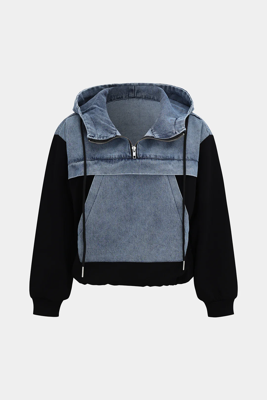 Denim Patchwork Long-Sleeved Hoodie