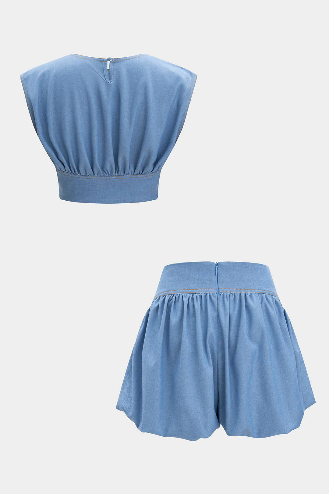 Denim Ruched Tank Top and Zipper Detail Shorts Combo