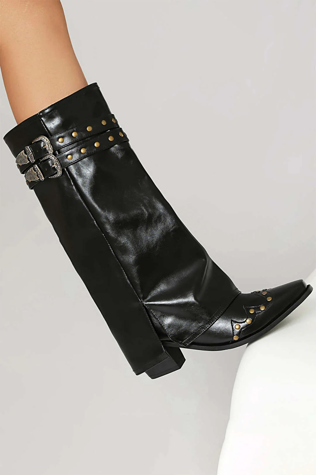 Faux Leather Studded Pointed-Toe Mid-Calf Boots