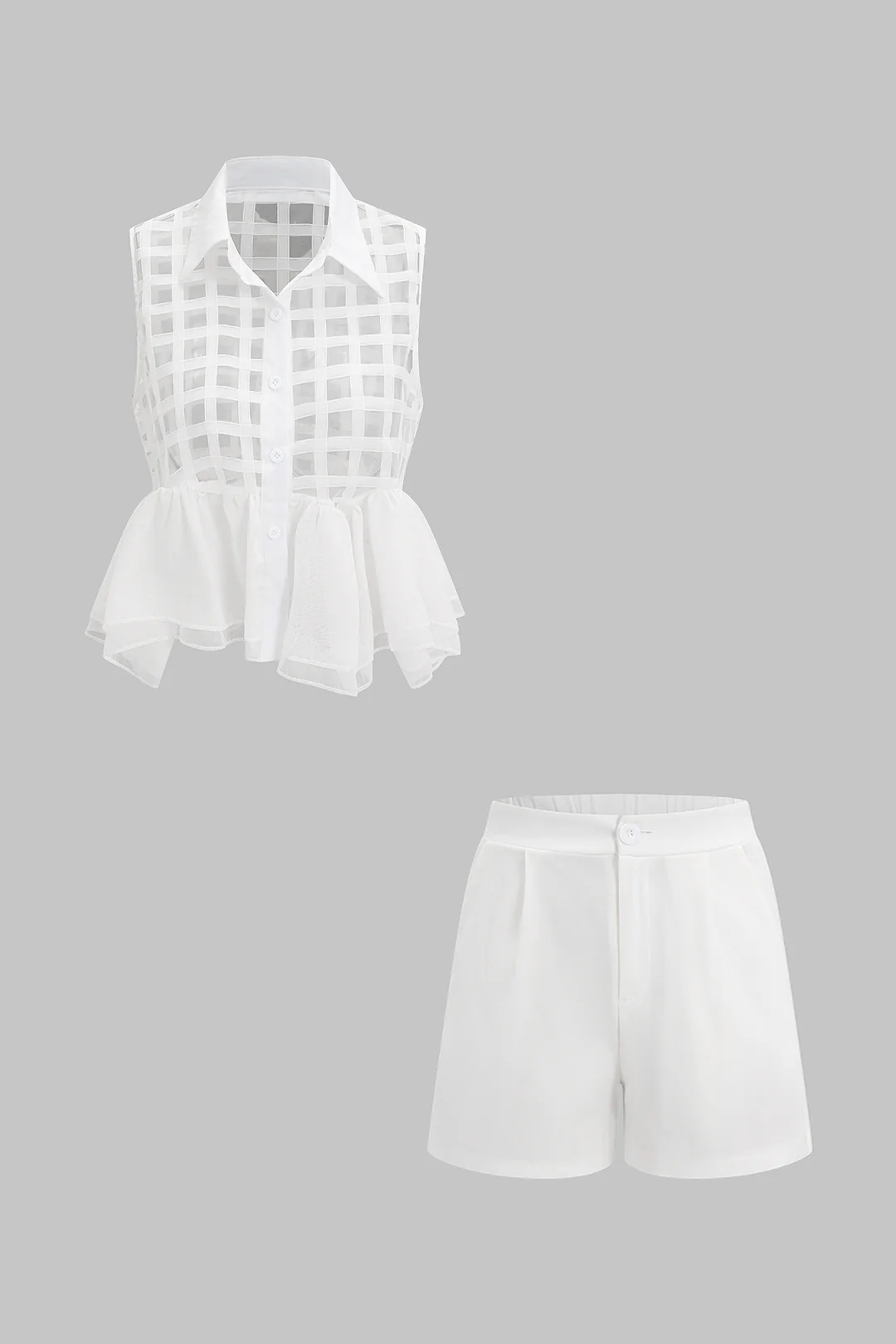 Chiffon Ruffle Button Sleeveless Top And Ruched Shorts Set