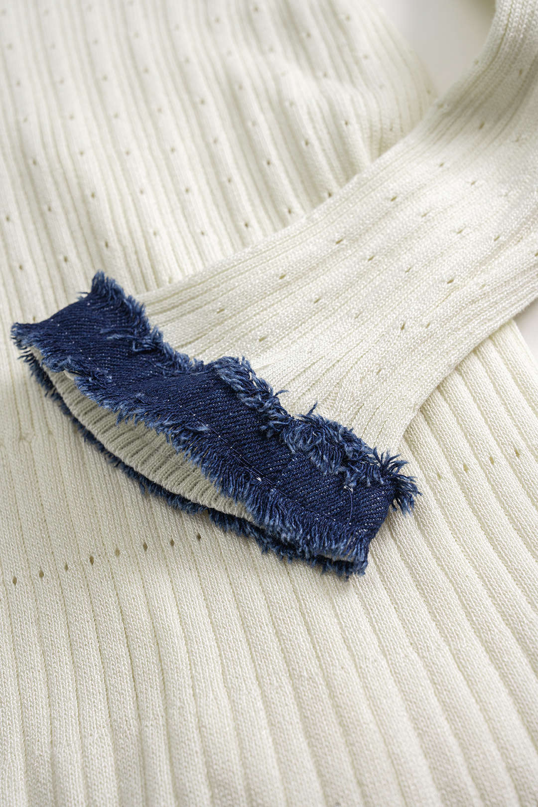 Knit Button Patchwork Denim Frayed Long Sleeve Dress