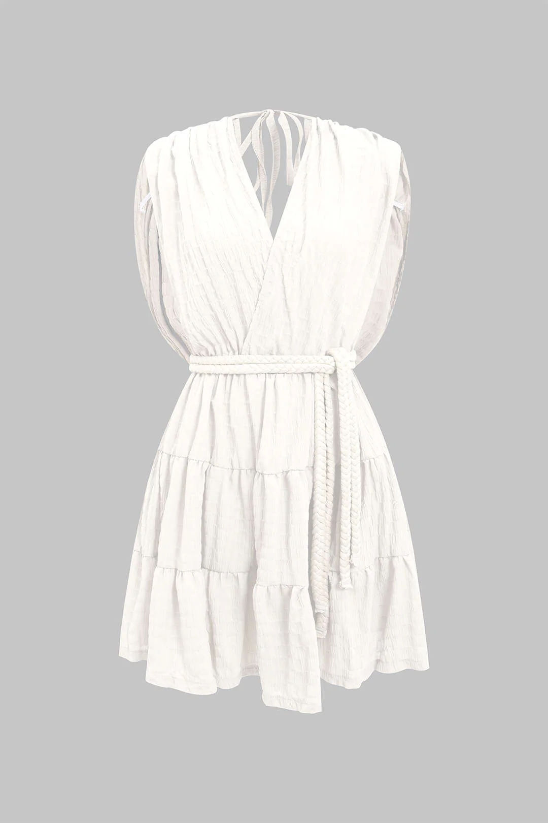 V-Neck Belted Ruched Tie-Up Sleeveless Mini Dress