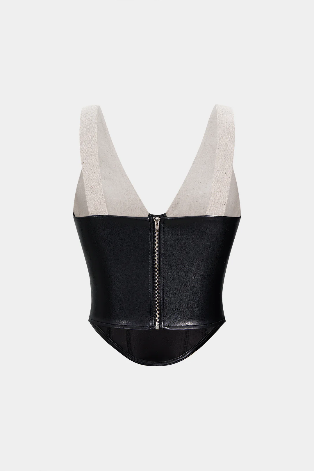 Faux Leather and Linen Patchwork V-Neck Camisole Top