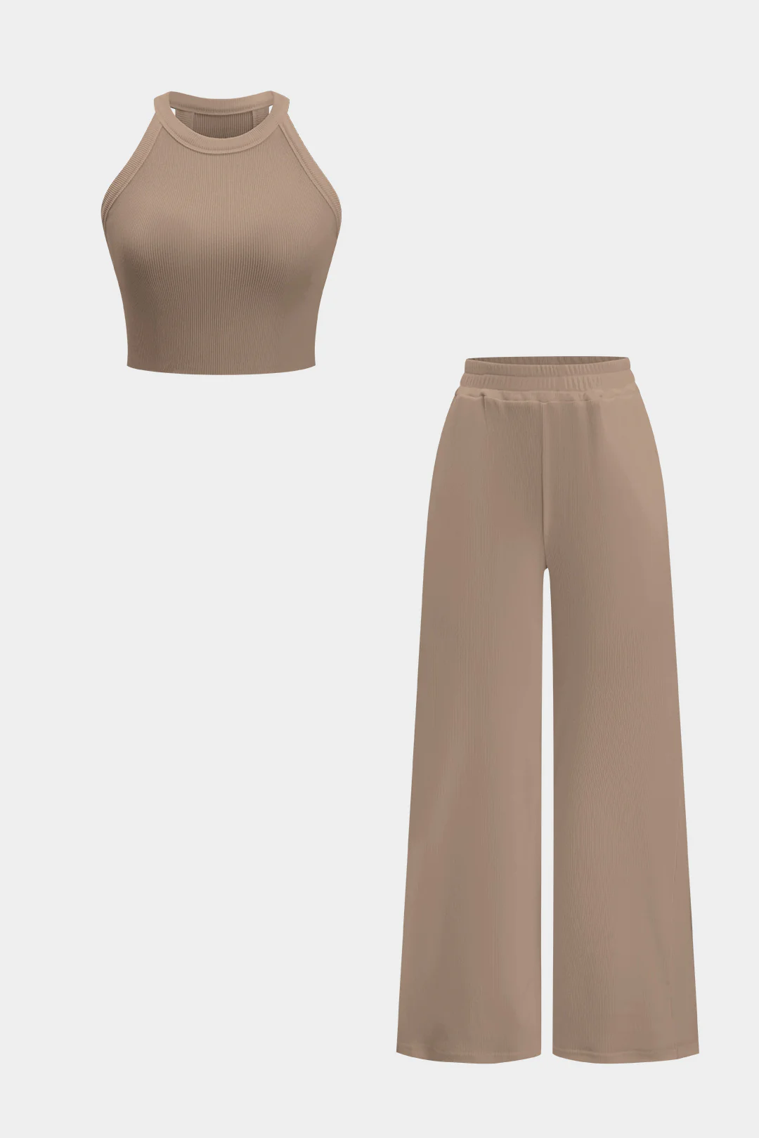 Solid Basic Tank Top And High Waist Wide Leg Trousers Set