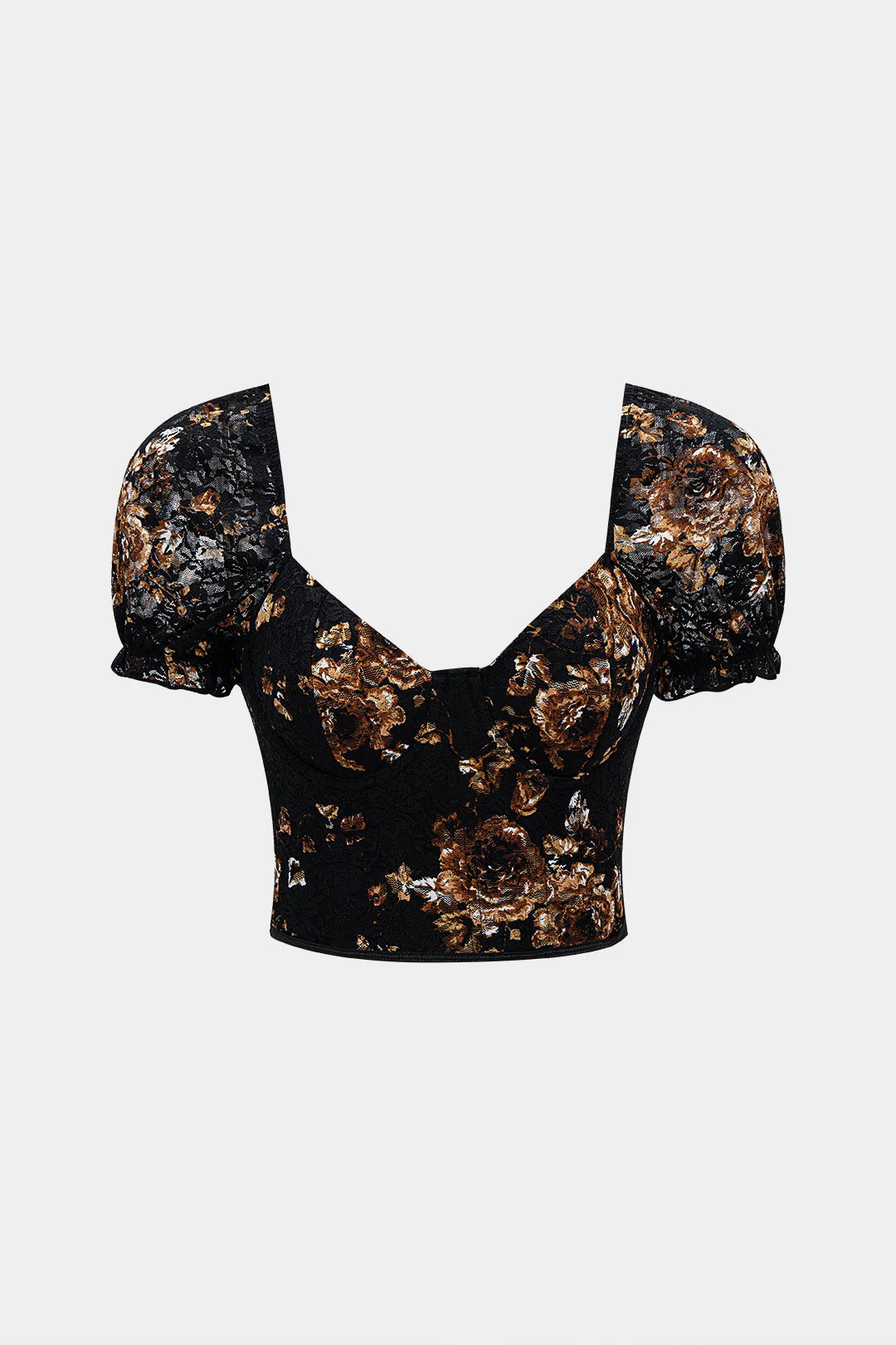 Retro Floral Print Backless Puff Short Sleeve T-Shirt