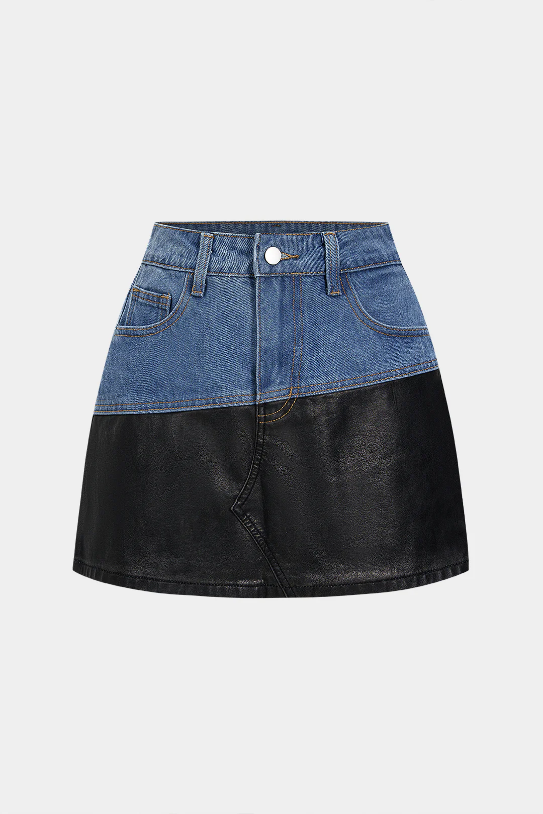 Faux Leather Patchwork Denim Skirt